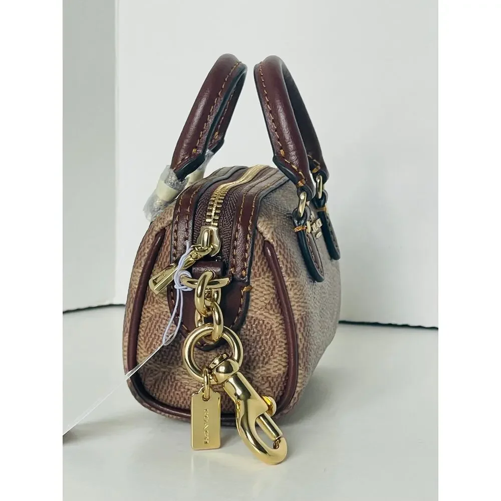 Coach Mini Rowan Bag Charm Brown Signature Canvas Leather Gold CX068